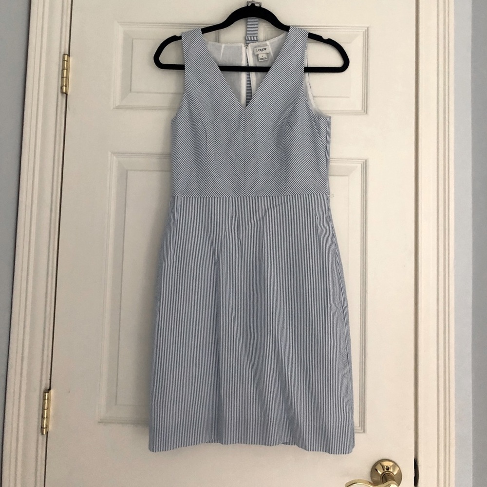 EUC J Crew Seersucker Blue White Dress